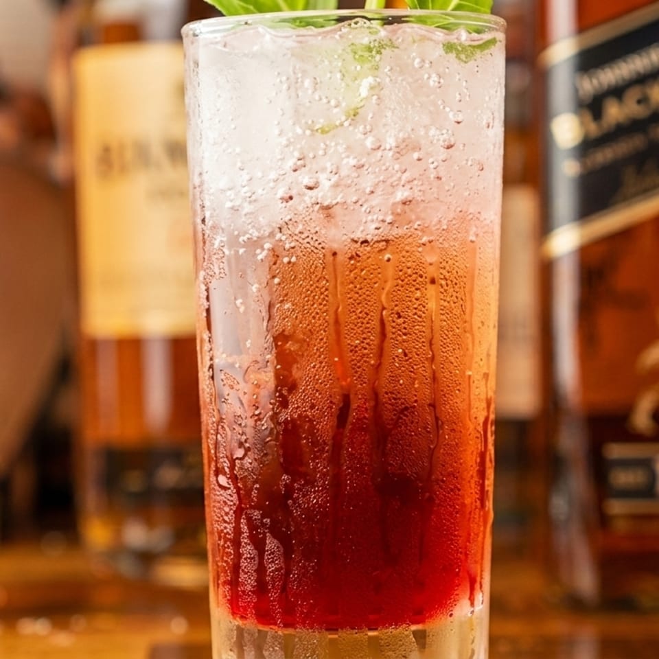 A tall glass with a red and clear layered drink, ice, and green garnish, surrounded by liquor bottles.