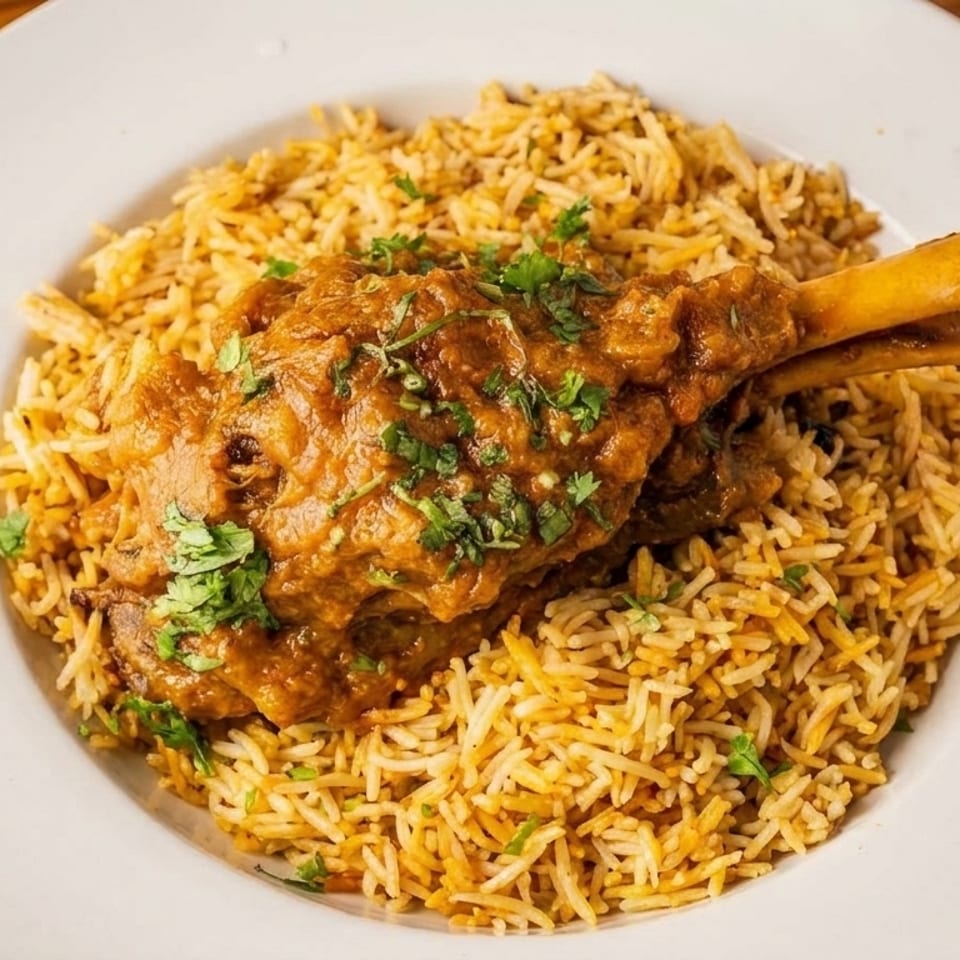 A white plate holds a lamb shank with bone, covered in sauce and fresh herbs, on a bed of rice.