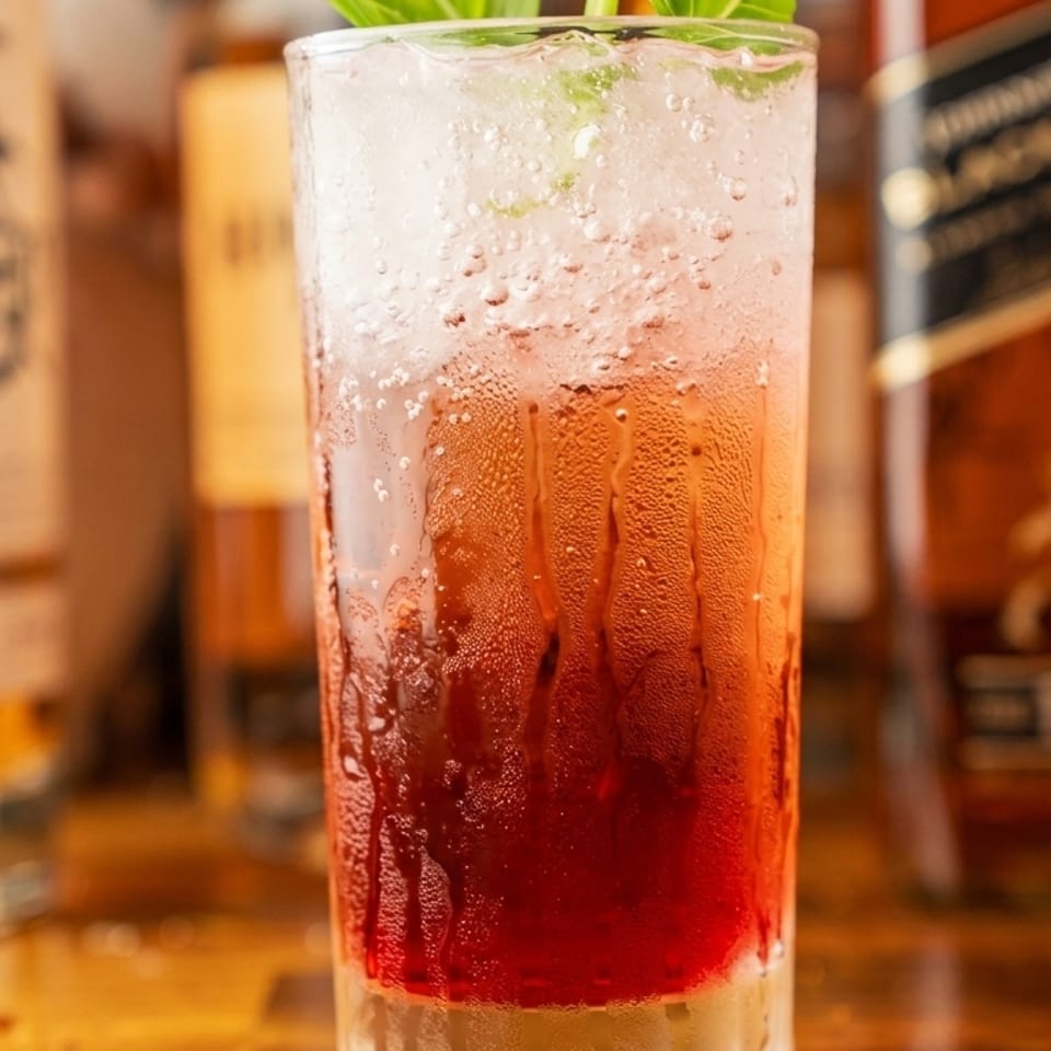 A tall, frosted glass with a red and clear layered cocktail, garnished with mint, on a bar.