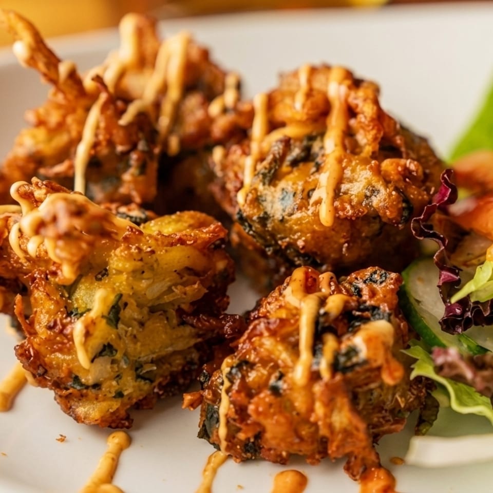 Crispy fried pakoras drizzled with sauce, served with a fresh side salad on a white plate.