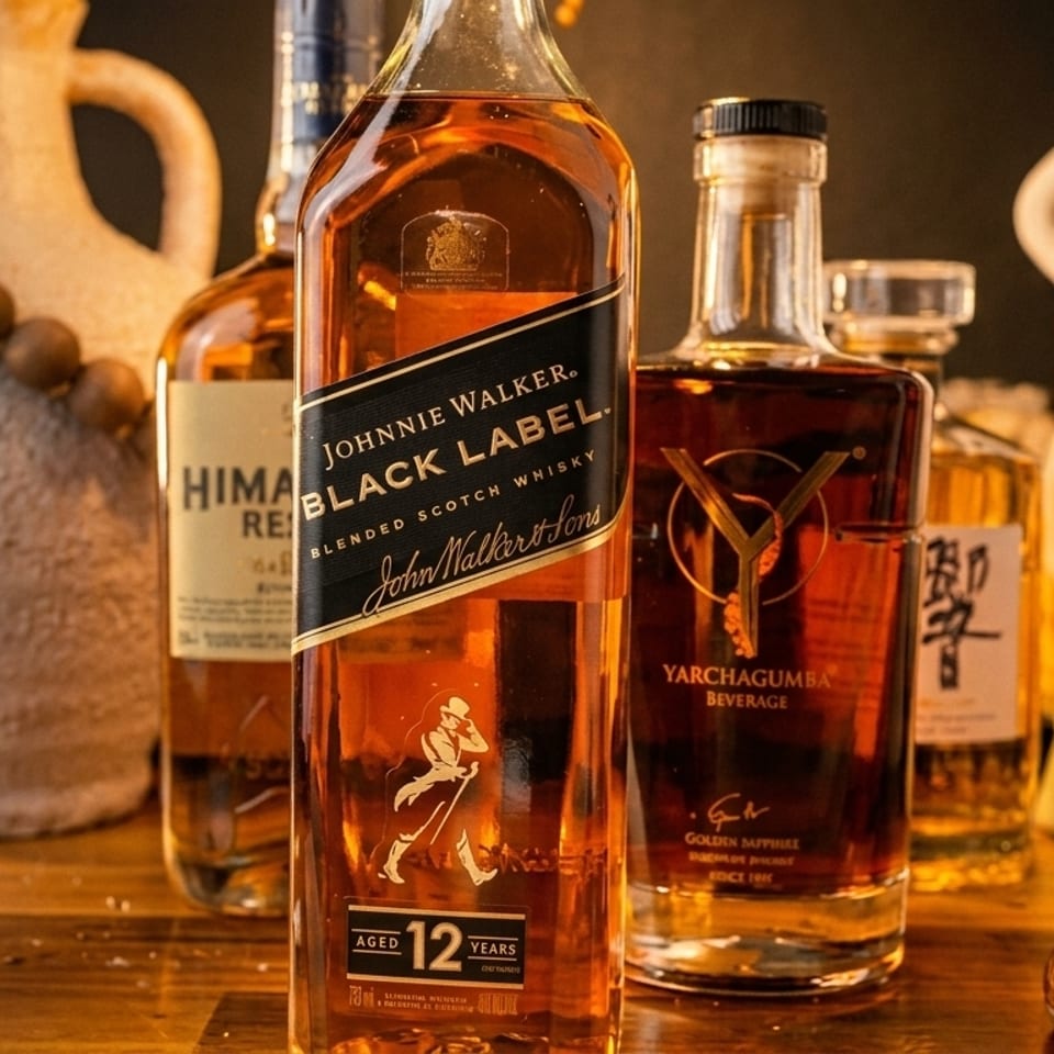 Bottles of Johnnie Walker Black Label and Yarchagumba Beverage whiskey on a wooden surface.