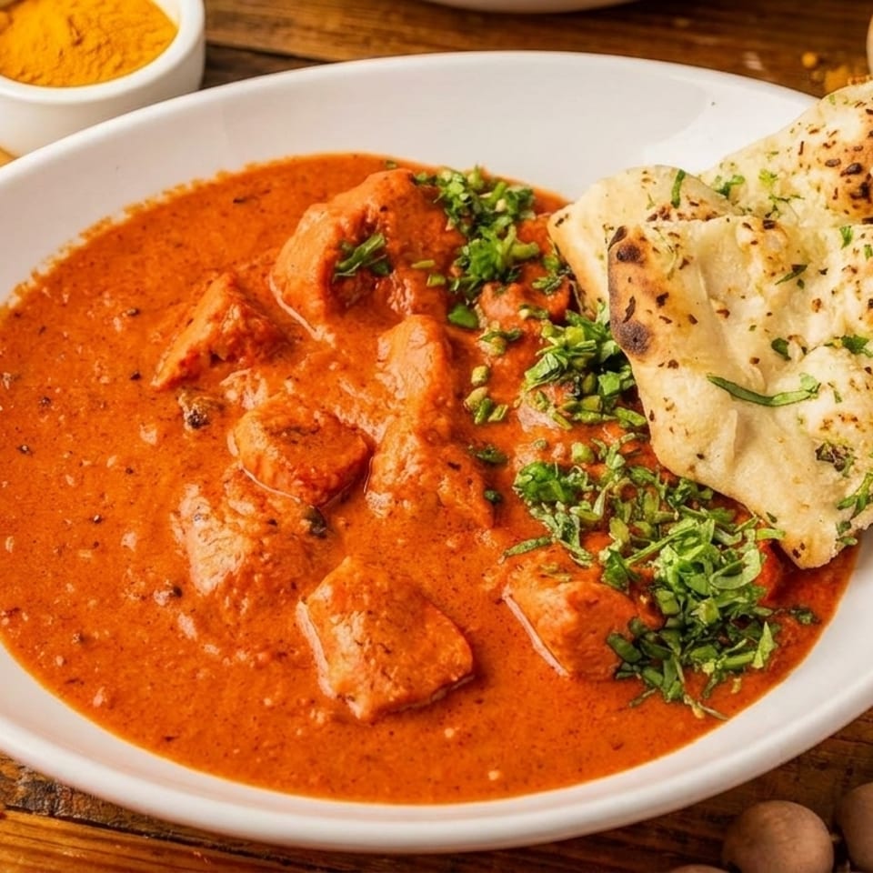 A white bowl of chicken tikka masala with naan bread and fresh cilantro on a wooden table.