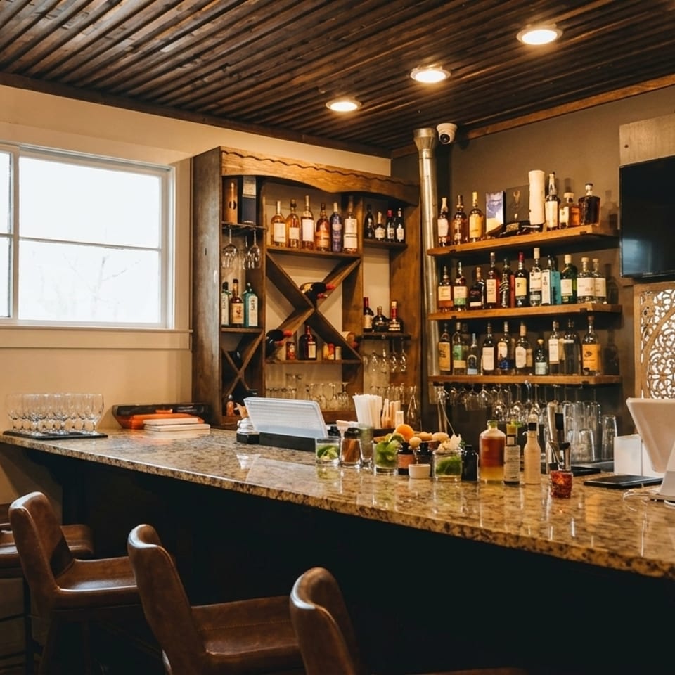 A well-stocked bar with bottles of liquor, glasses, and bar stools, ready for service.